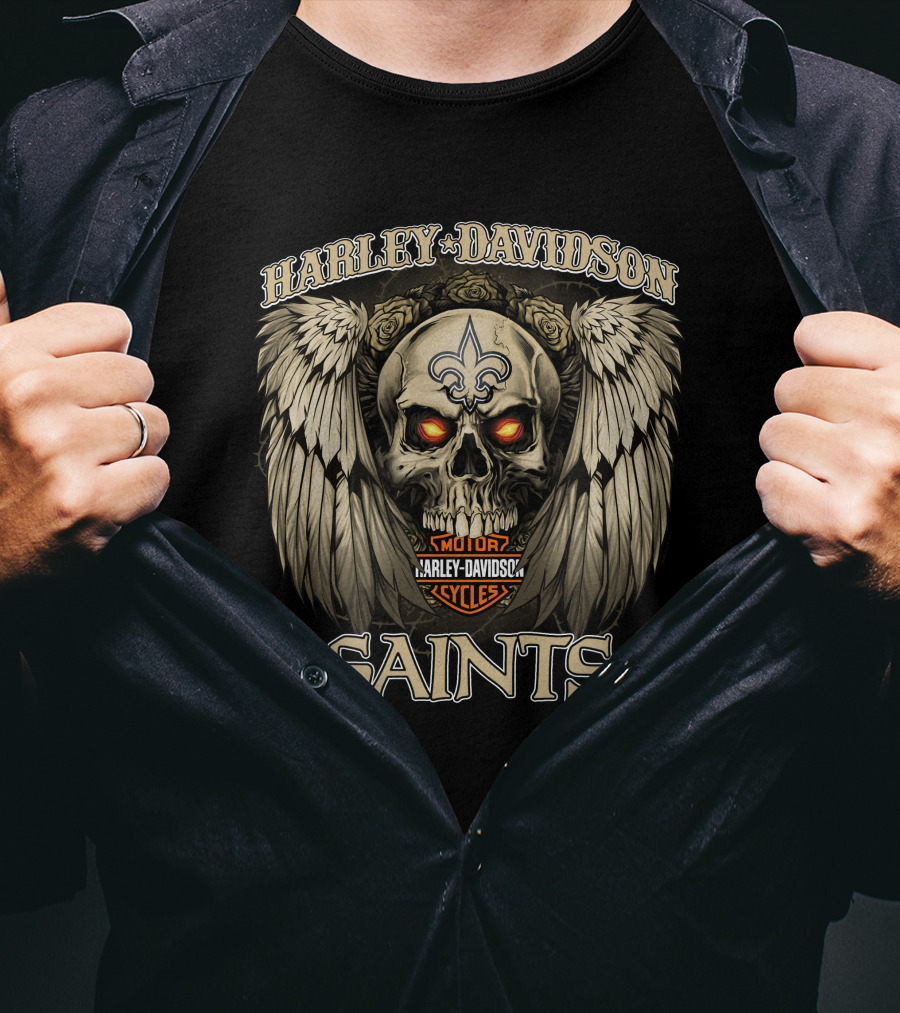 Harley Davidson Motor Cycles New Orleans Saints Skull Wings Fleur-De-Lis T-Shirt