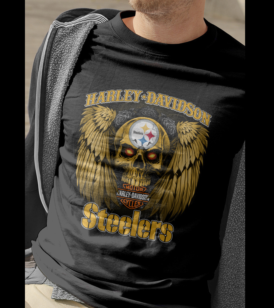 Harley Davidson Steelers Skull With Wings T-Shirt