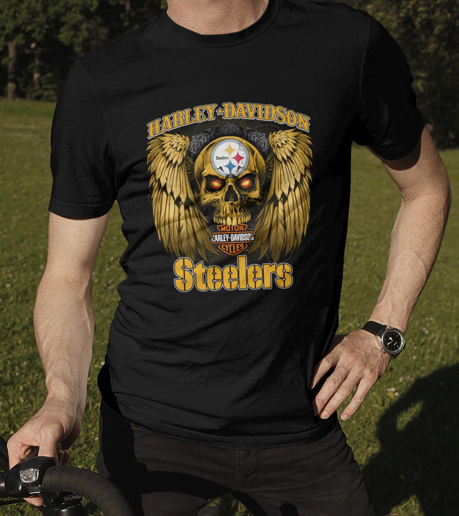 Harley Davidson Steelers Skull With Wings T-Shirt