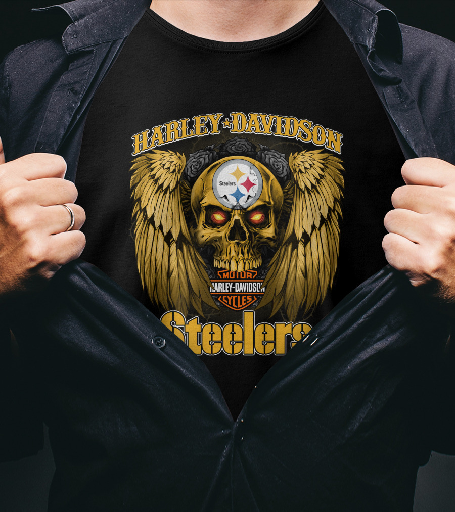 Harley Davidson Steelers Skull With Wings T-Shirt