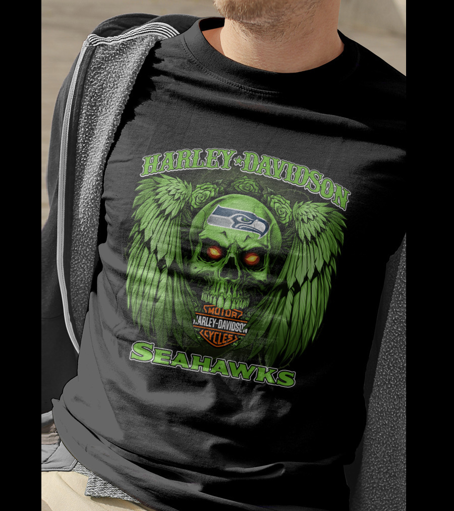 Harley Davidson Motor Cycles Seattle Seahawks Skull Wings T-Shirt
