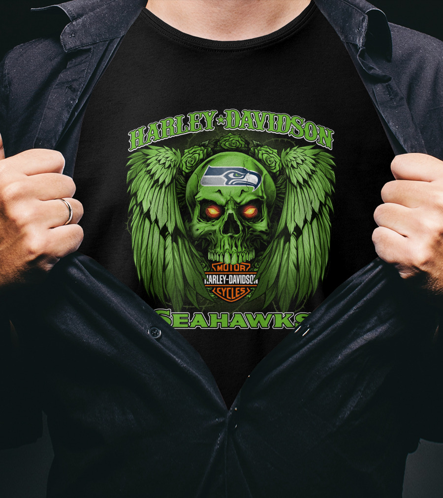 Harley Davidson Motor Cycles Seattle Seahawks Skull Wings T-Shirt