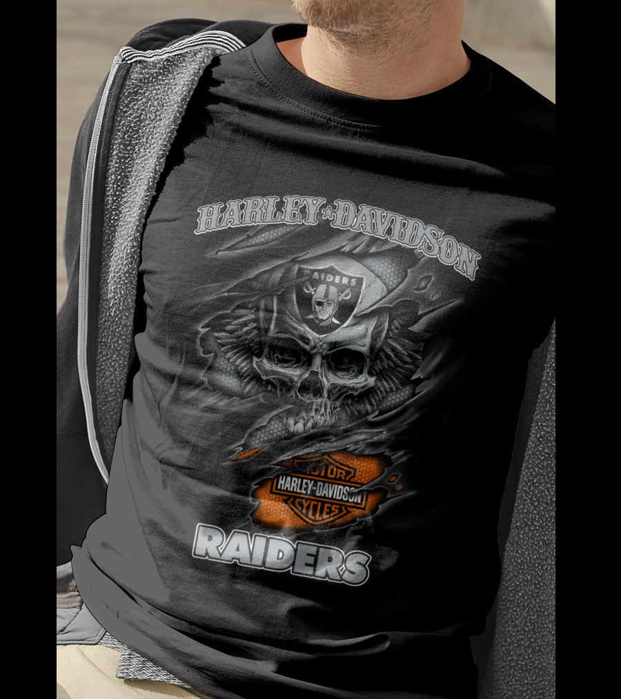 Harley Davidson Raiders Skull Graphic With Motor Cycles Logo Nfl 12.30 Las Vegas Raiders T-Shirt
