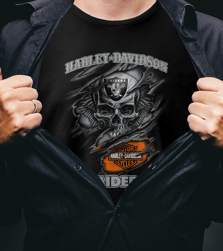 Harley Davidson Raiders Skull Graphic With Motor Cycles Logo Nfl 12.30 Las Vegas Raiders T-Shirt