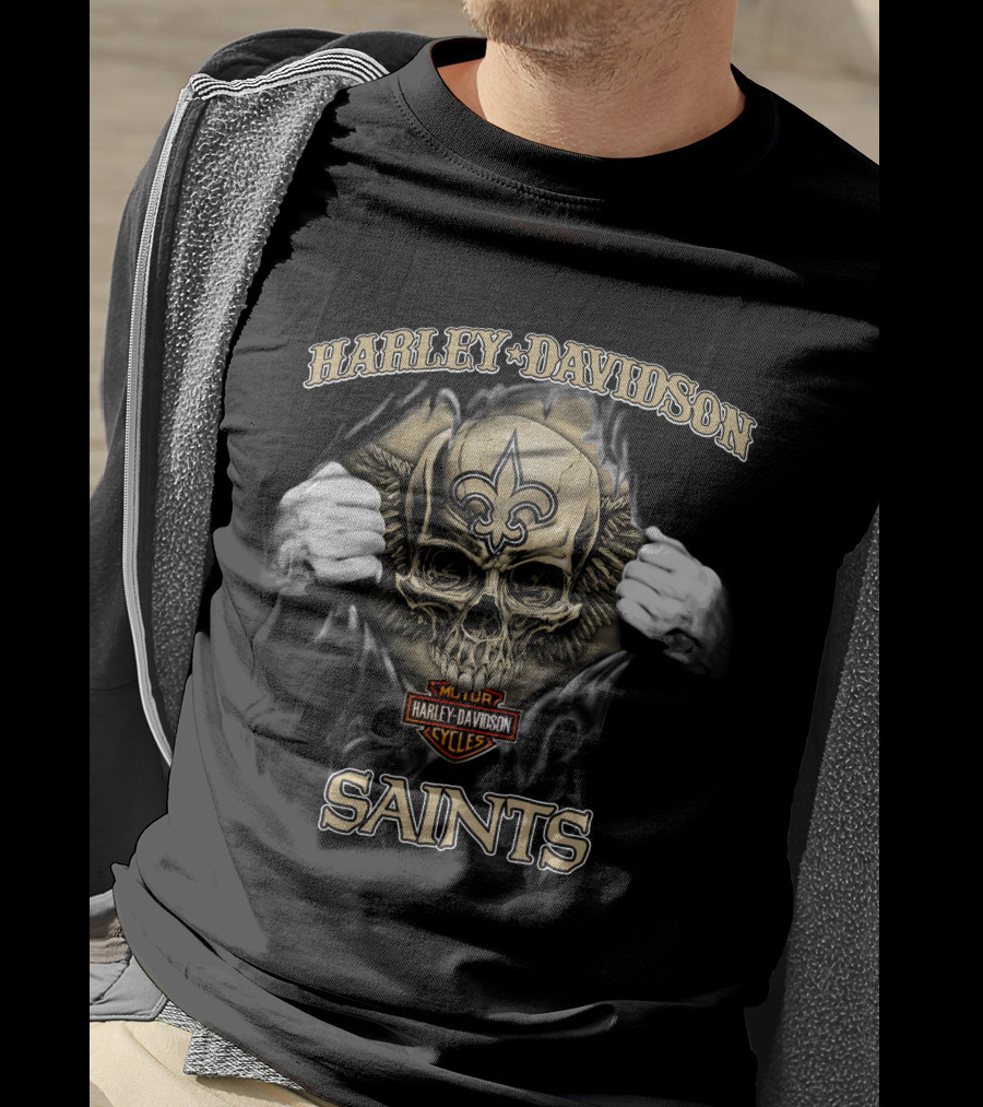 Harley Davidson Skull New Orleans Saints Nfl Major Cycles T-Shirt