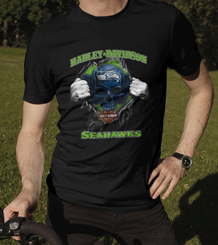 Harley Davidson Nfl Skull Seattle Seahawks Cycles T-Shirt