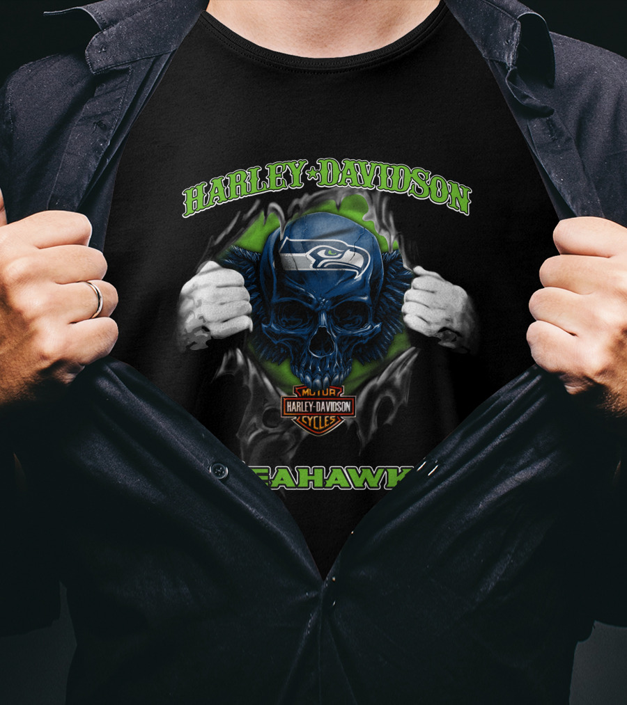 Harley Davidson Nfl Skull Seattle Seahawks Cycles T-Shirt
