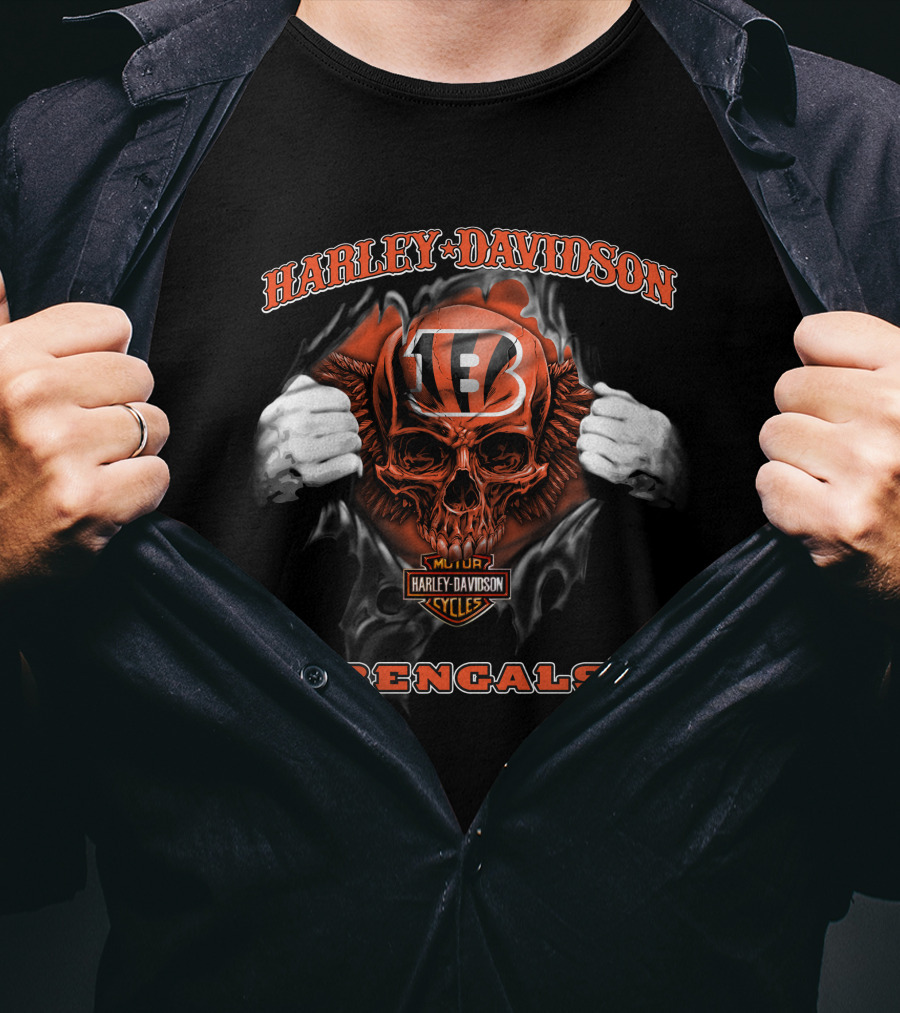 Harley Davidson Nfl Skull Cincinnati Bengals Motorcycles T-Shirt