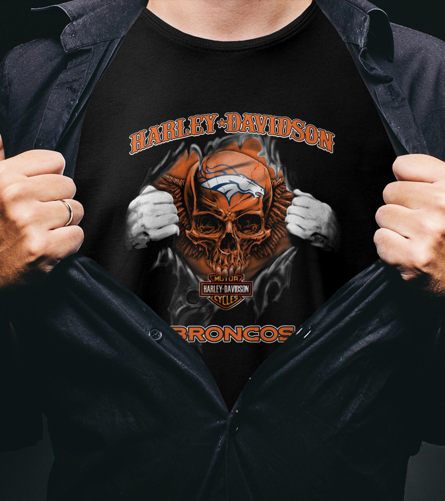 Harley Davidson Skull Denver Broncos Nfl Cycles T-Shirt