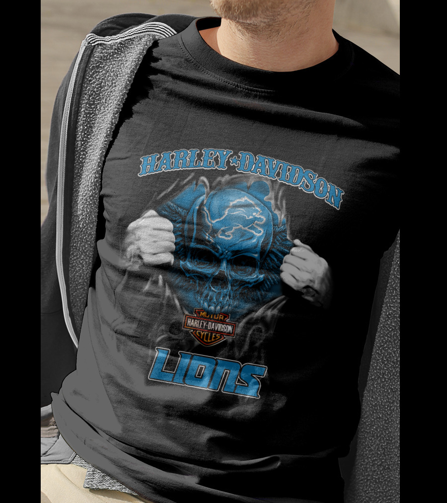 Harley Davidson Lions Nfl Skull Detroit Motor Cycles T-Shirt