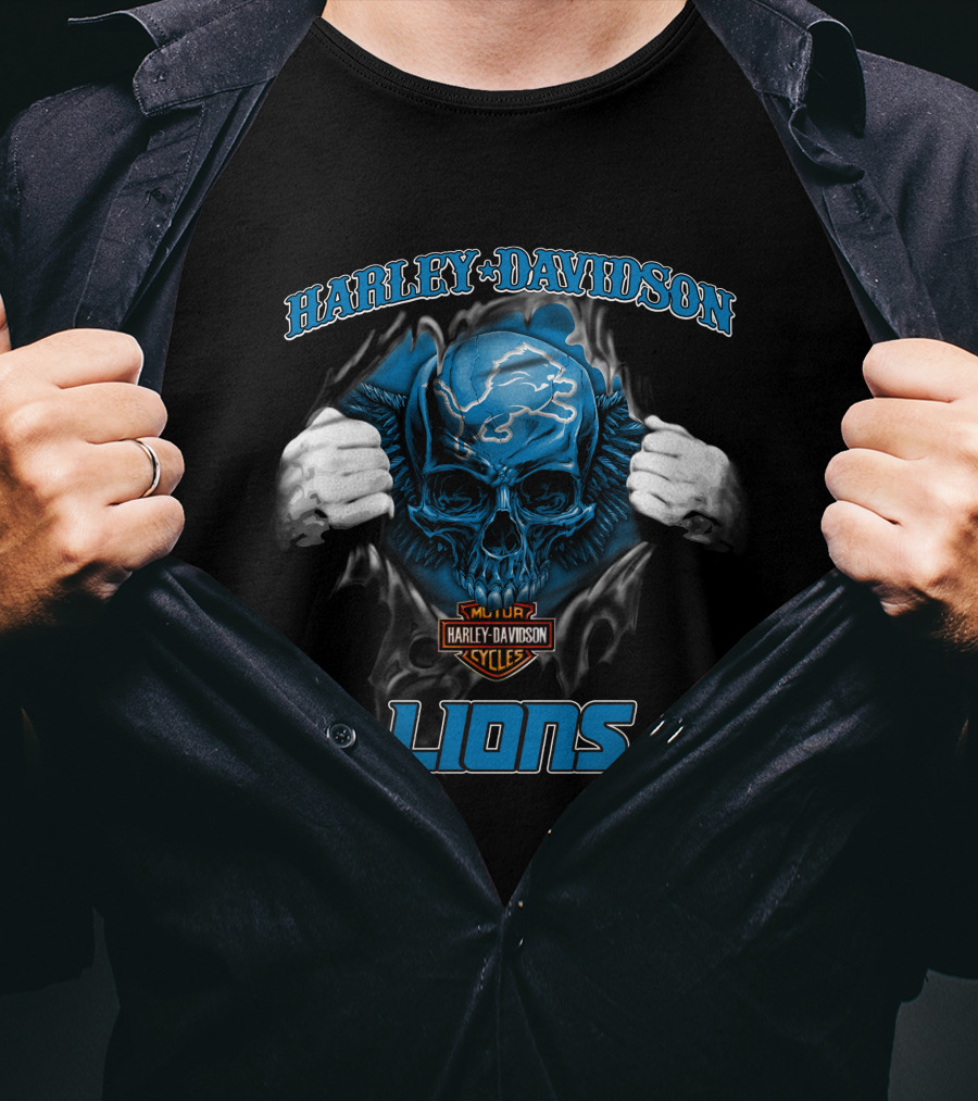 Harley Davidson Lions Nfl Skull Detroit Motor Cycles T-Shirt