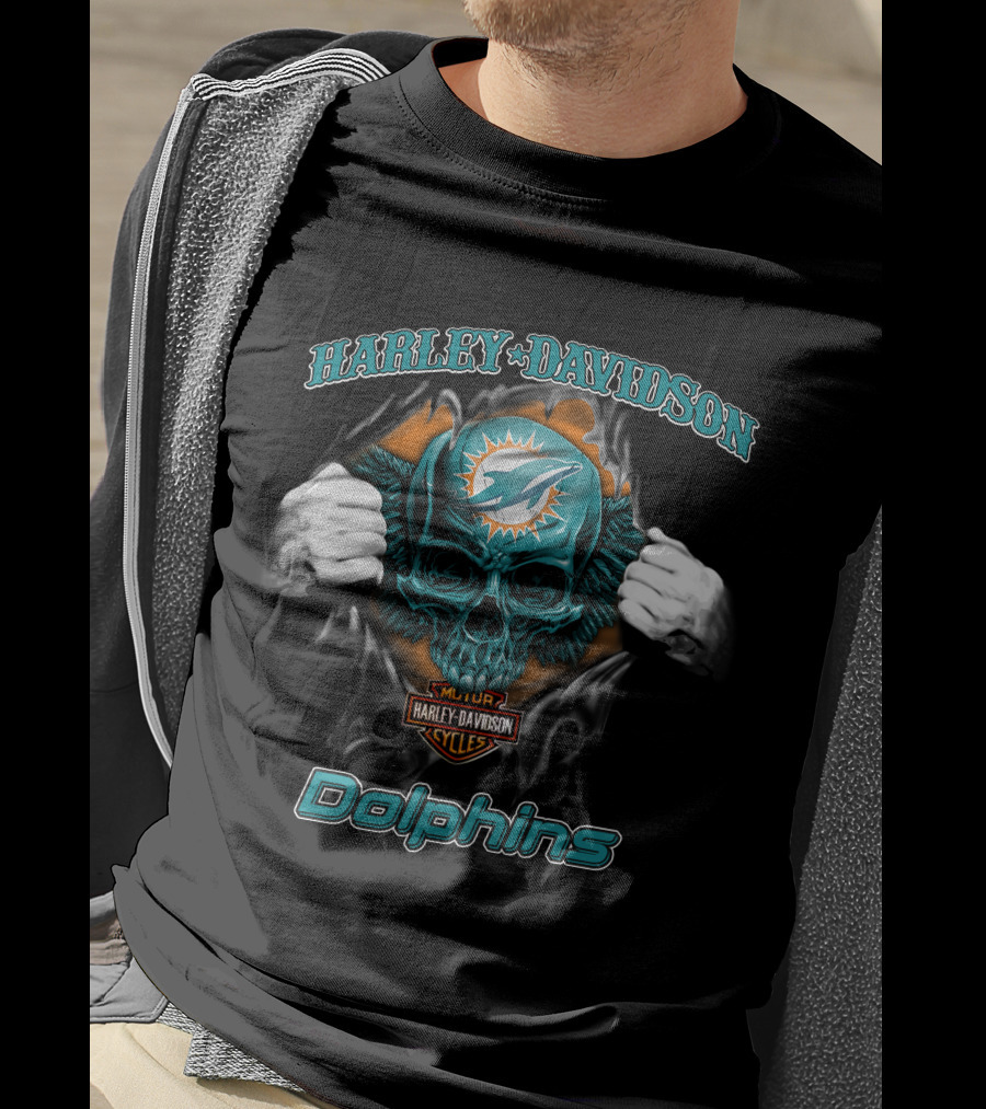 Harley Davidson Miami Dolphins Skull Nfl Cycles T-Shirt