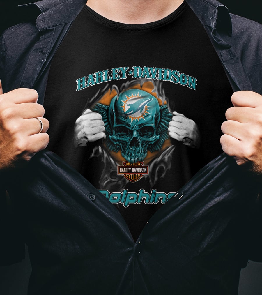 Harley Davidson Miami Dolphins Skull Nfl Cycles T-Shirt