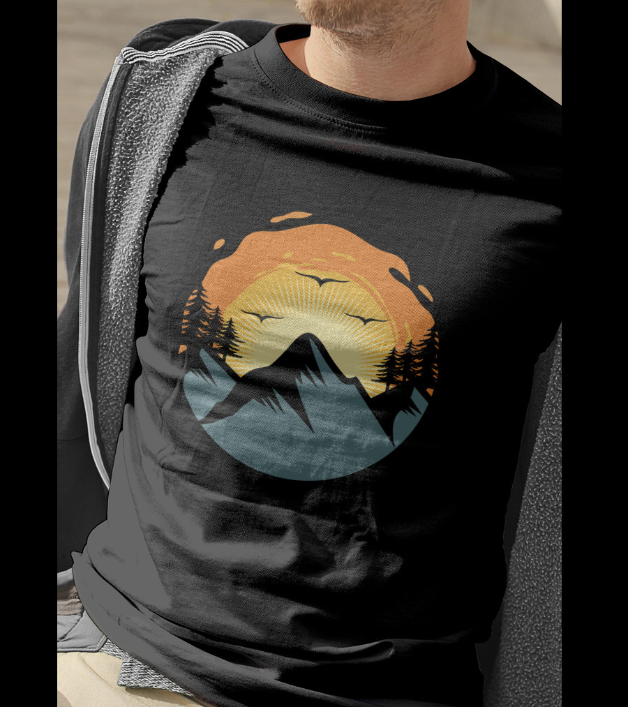 Sunrise Over Mountain Silhouette With Trees And Birds T-Shirt