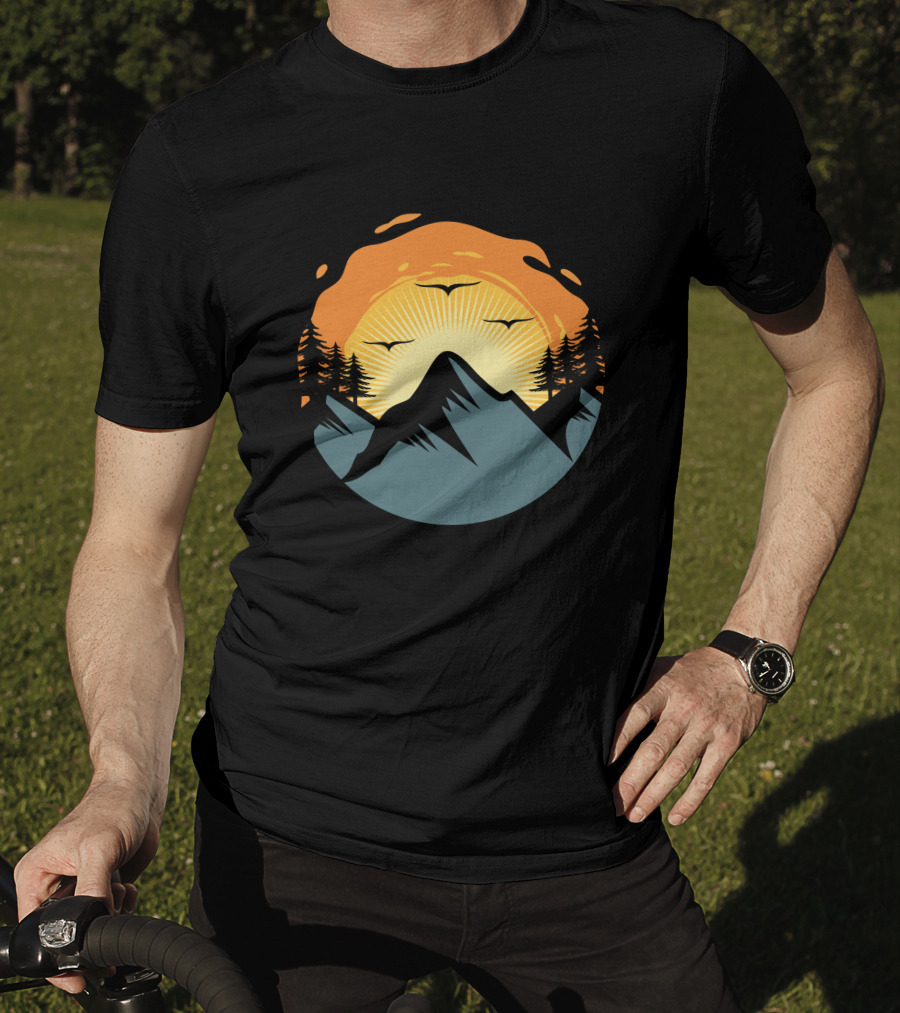Sunrise Over Mountain Silhouette With Trees And Birds T-Shirt