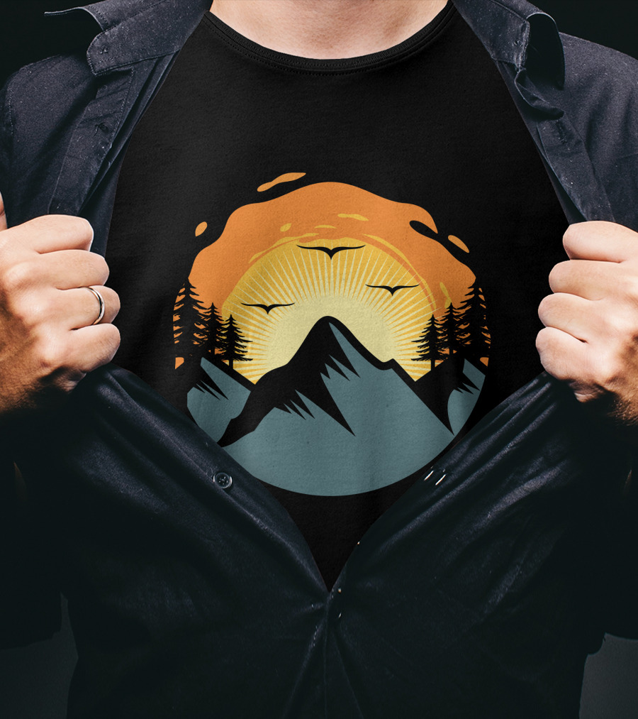 Sunrise Over Mountain Silhouette With Trees And Birds T-Shirt