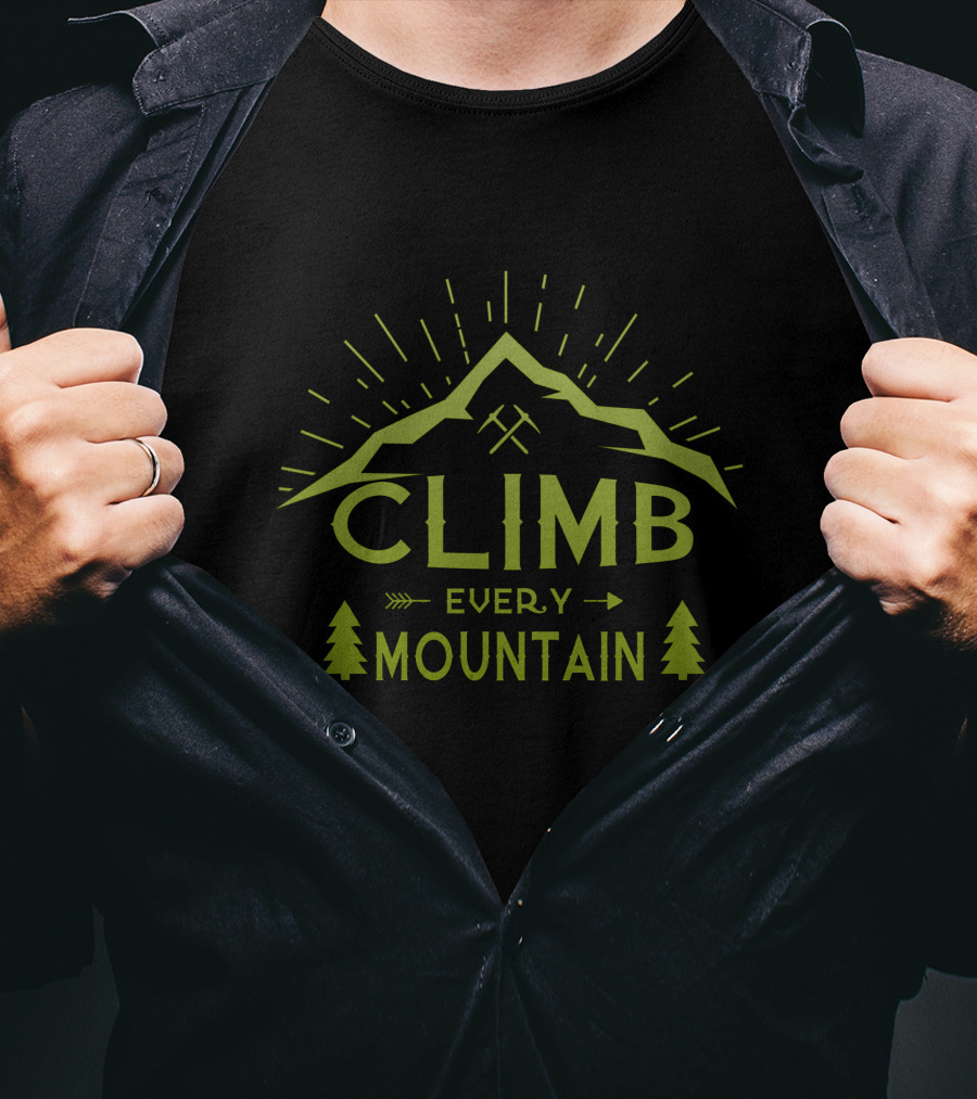 CLIMB Every Mountain Adventure With Trees And Sunburst T-Shirt
