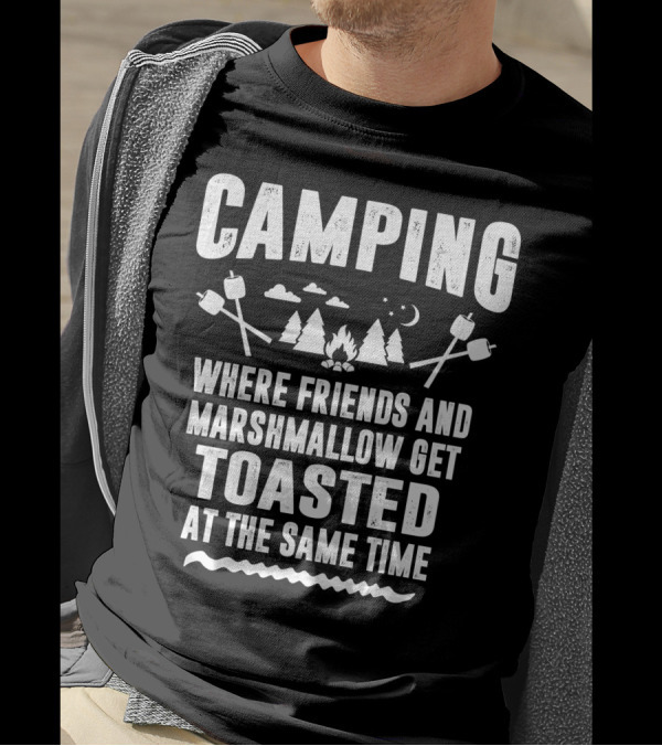 Camping Where Friends And Marshmallows Get Toasted Campfire Trees Night Sky Scene T-Shirt