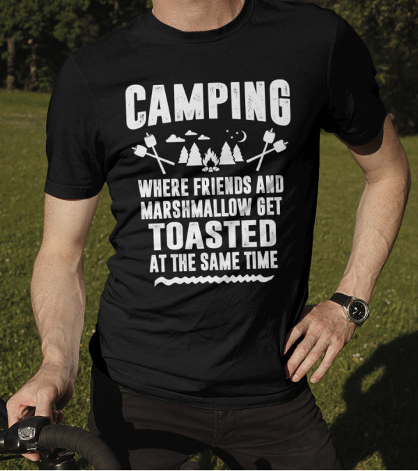 Camping Where Friends And Marshmallows Get Toasted Campfire Trees Night Sky Scene T-Shirt