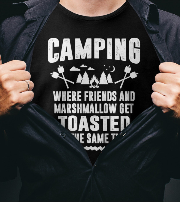 Camping Where Friends And Marshmallows Get Toasted Campfire Trees Night Sky Scene T-Shirt