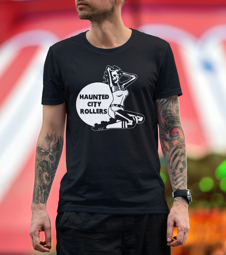Haunted City Rollers Skeleton Figure in Roller Skates T-Shirt