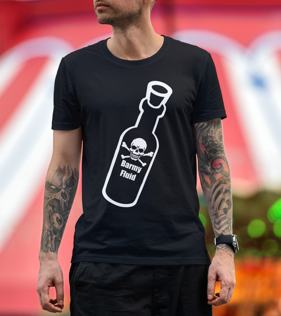 Mr Jolly Lives Next Door Barmy Fluid Skull and Crossbones Bottle T-Shirt