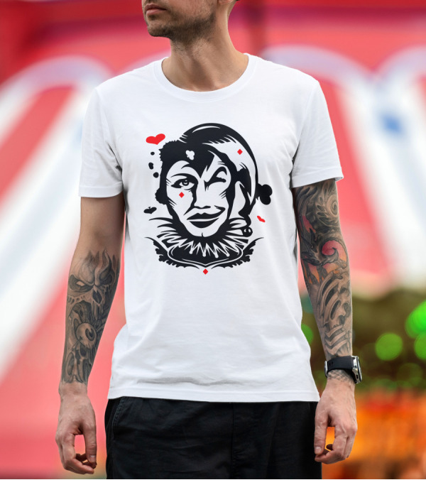 Premium T-Shirt: Joker Face Playing Card Red Diamond Accents T-Shirt Joker Face Playing Card Red Diamond Accents T-Shirt
