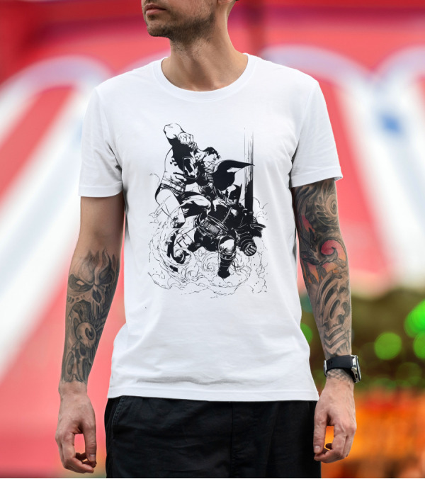 Premium T-Shirt: Clash of the Justice Knight vs. Man of Steel Showdown T-Shirt Clash of the Justice Knight vs. Man of Steel Showdown T-Shirt