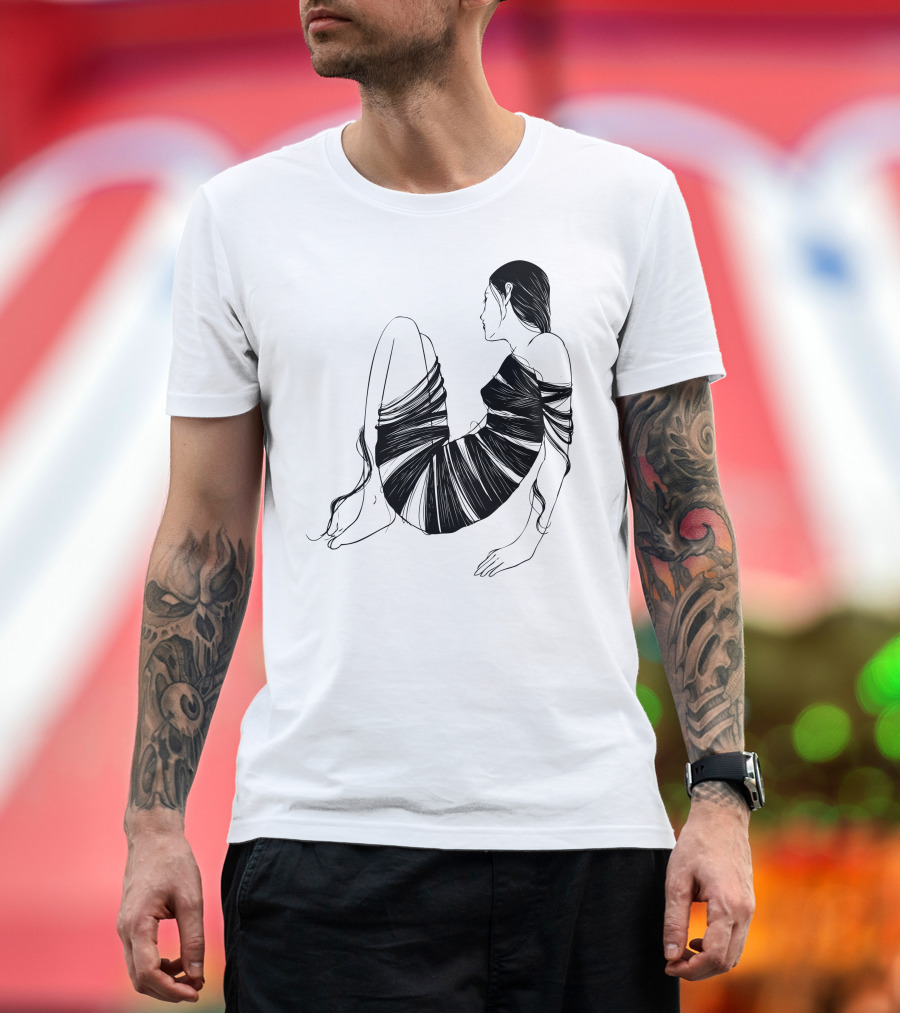Hair Cloth Wrapped Figure Sitting Profile T-Shirt