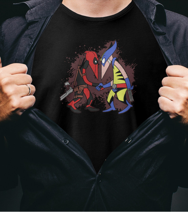 Mutant V Mutant Showdown: Chimichanga Ninja Versus Clawed Avenger Handshake T-Shirt