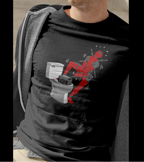 Deadpool Struggling On Toilet With Thor’s Hammer T-Shirt