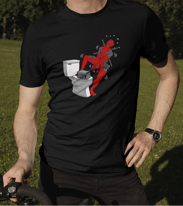 Deadpool Struggling On Toilet With Thor’s Hammer T-Shirt