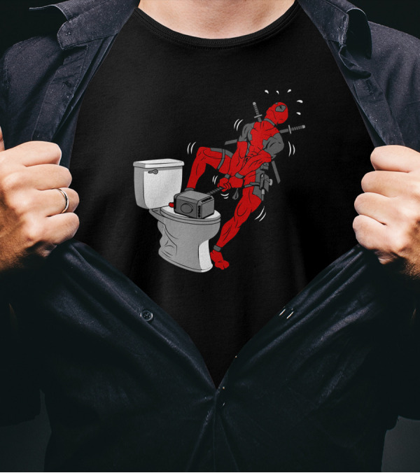 Deadpool Struggling On Toilet With Thor’s Hammer T-Shirt