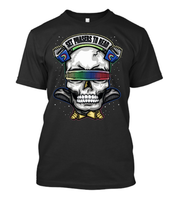 Set Phasers To Read Skull With Books And Rainbow Visor T-Shirt