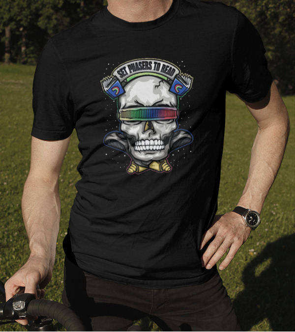 Set Phasers To Read Skull With Books And Rainbow Visor T-Shirt