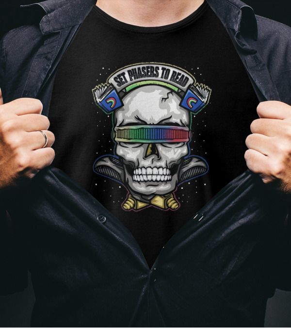 Set Phasers To Read Skull With Books And Rainbow Visor T-Shirt