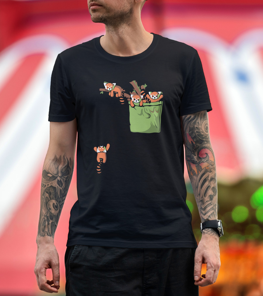 Pocket Red Pandas Hanging on Branches and Climbing Out of Green Pocket T-Shirt