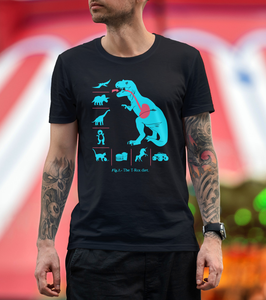 Fig.1. - The T-Rex Diet Featuring Dinosaurs, Burger, and Truck Elements T-Shirt