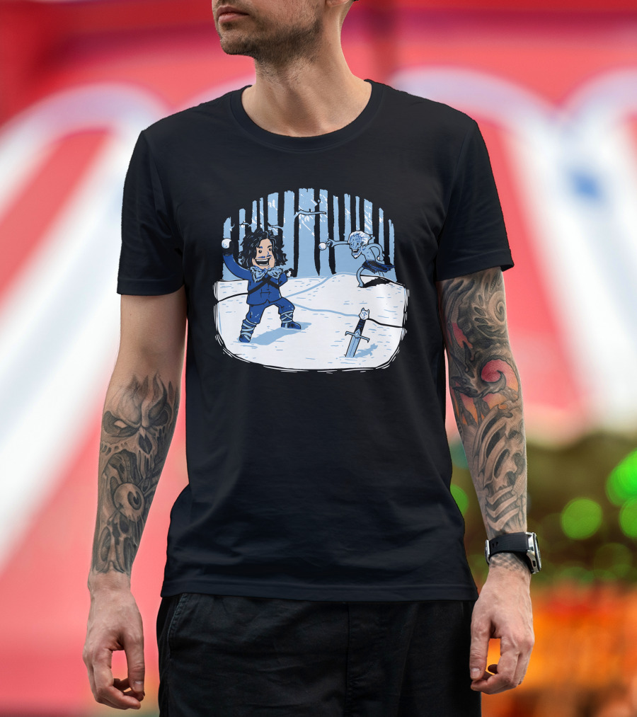 Jon Snowball Winter Battle with Sword and Creature in Snowy Forest T-Shirt