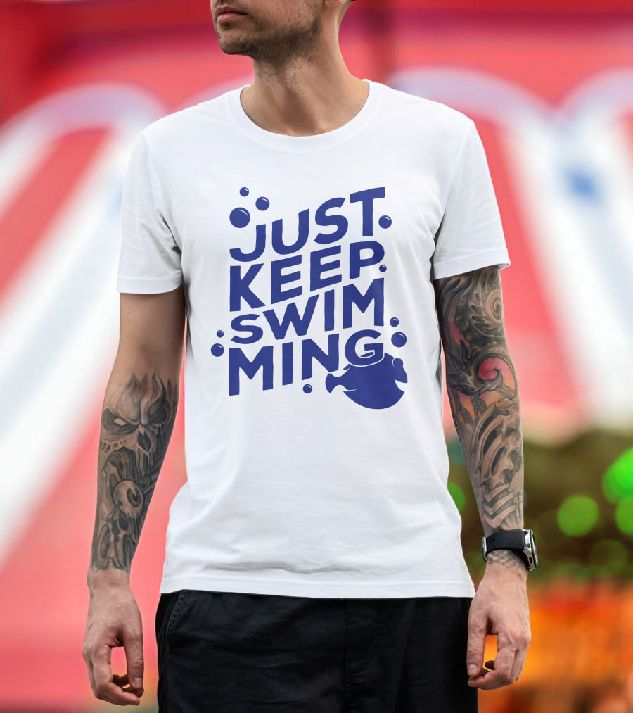 Just Keep Swimming Dory Blue Text with Bubbles T-Shirt