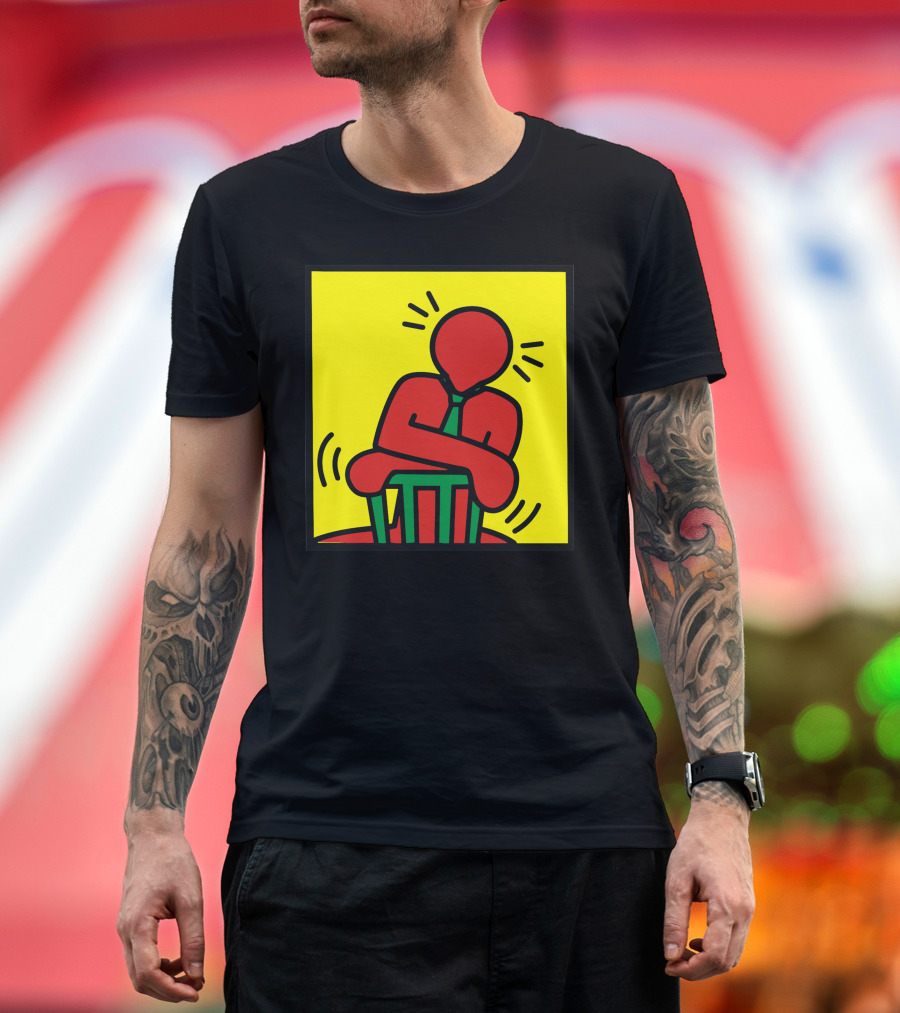 Keith Haring Figure Leaning on Chair Vibrant Yellow Background T-Shirt