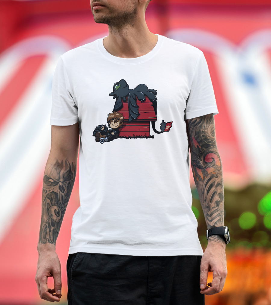 Krokmou Peanuts Hiccup Toothless Snoopy Doghouse Crossover T-Shirt
