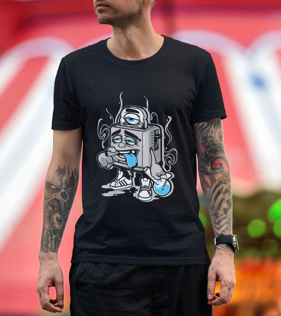 TOASTED Trippy Cartoon Toaster Character Munching on Shoe with Blue Tongue T-Shirt