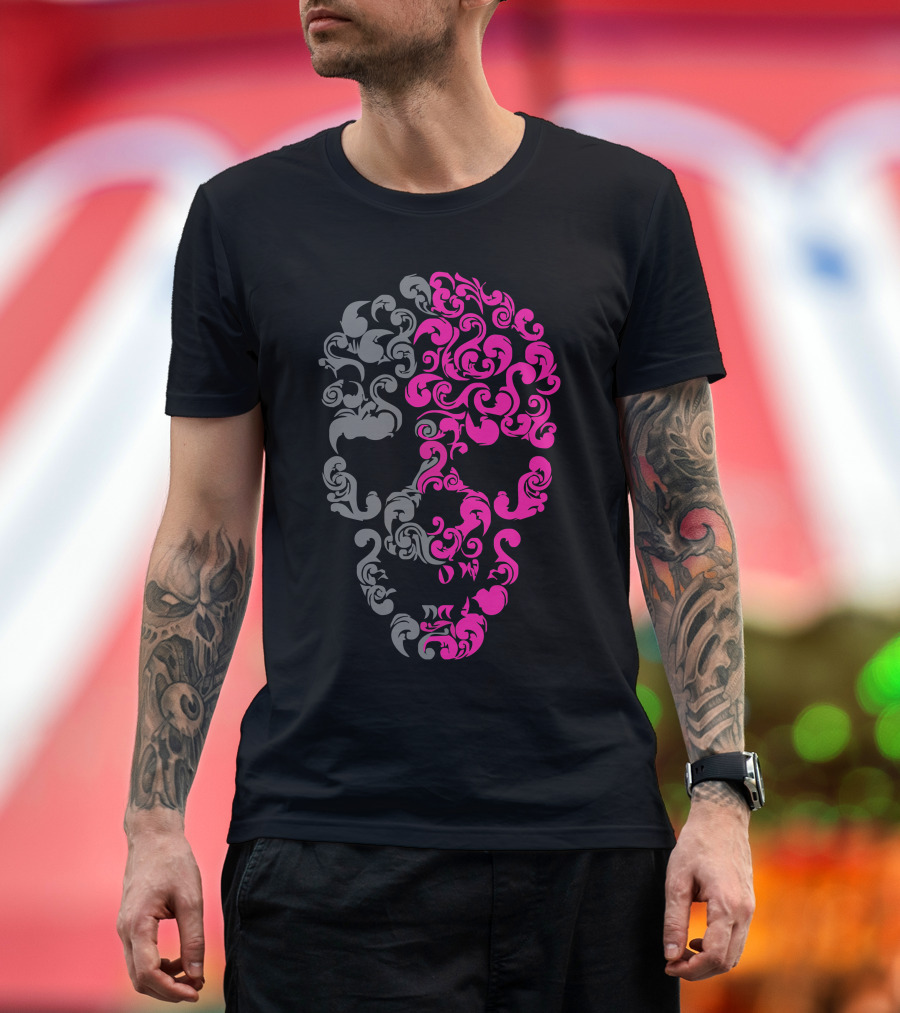 Two Coloured Floral Patterned Skull T-Shirt