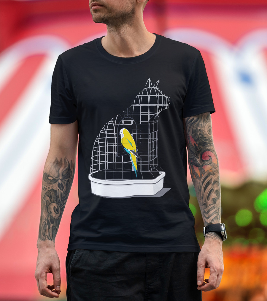 Captive Cat-Shaped Birdcage with Yellow Parrot T-Shirt
