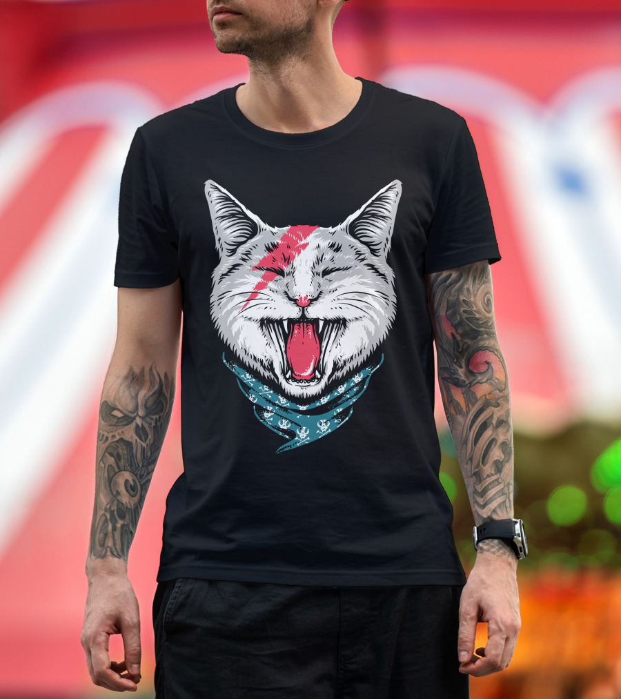 Cat Rock Ziggy Stardust Lightning Bolt Bandana Yawning Cat T-Shirt