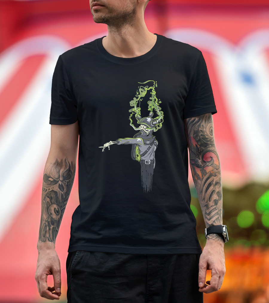 Noxious Gases May Be Harmful Alien in Gas Mask with Green Smoke T-Shirt