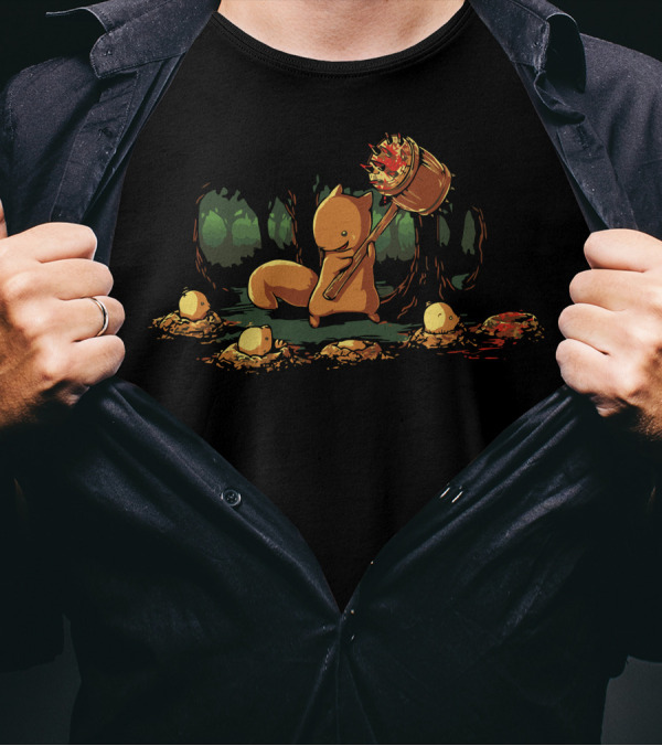 Forest Squirrel With Mallet Chasing Popping Eggs 'Oops I Missed Let Me Try Again' T-Shirt