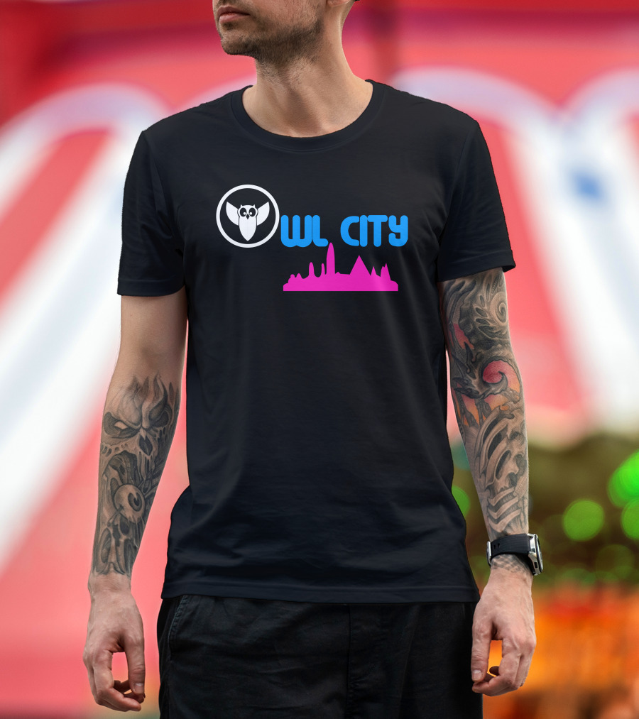 Owl City Blue Text with Pink Skyline and White Owl T-Shirt