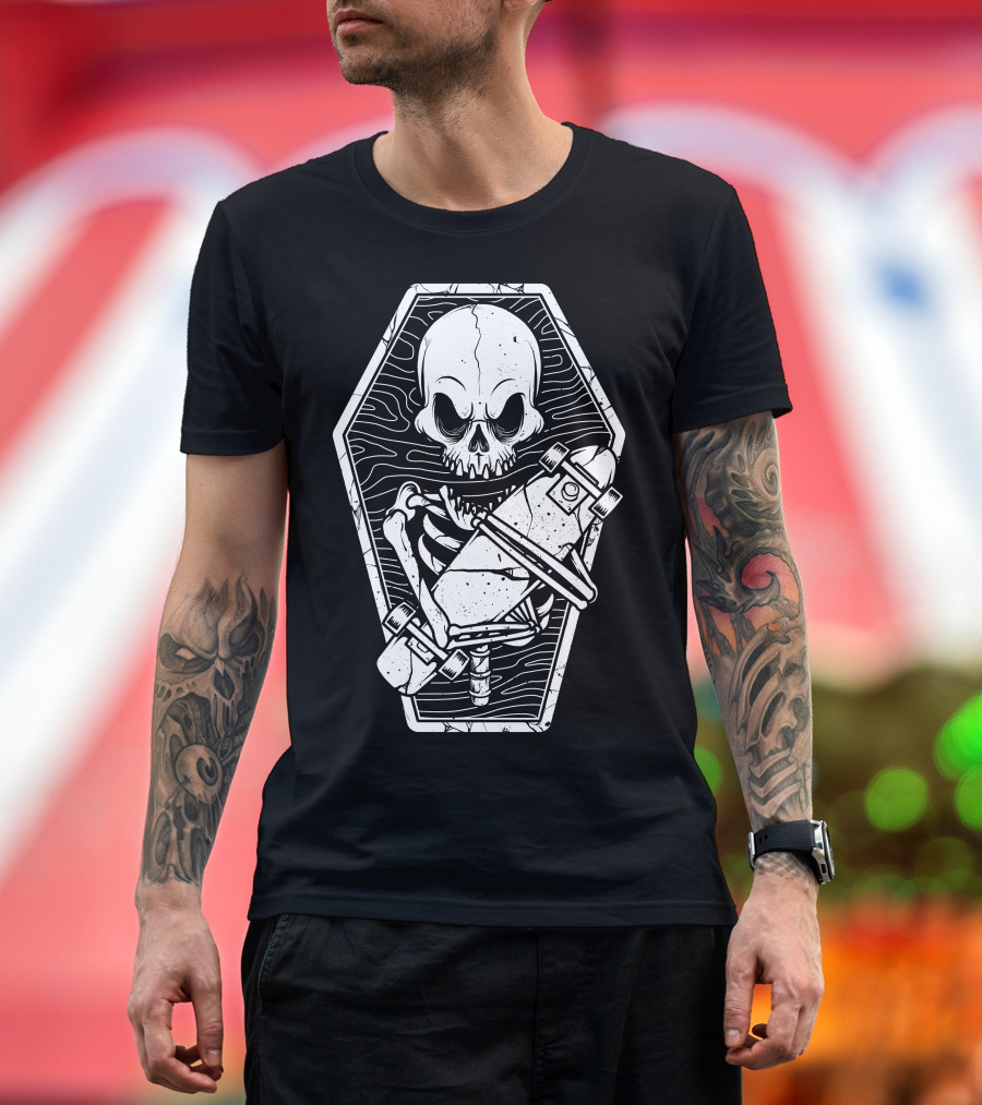 Skate Until The End Skeleton in Coffin with Skateboard T-Shirt